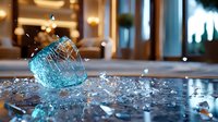 Dramatic high-speed capture of blue glass shattering into tiny fragments against reflective surface with bokeh lights in luxurious interior background.