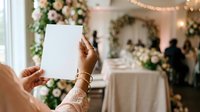 Person holding blank white card at elegant event venue with floral decorations and guests in background, suitable for wedding invitations, announcements, and celebration marketing.