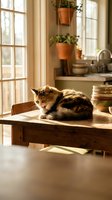 Cozy tabby cat resting on wooden table in sunlit kitchen with hanging plants and rustic decor creating warm domestic atmosphere for home lifestyle content.