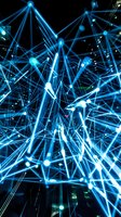Abstract blue network connections with glowing nodes and data lines on black background for technology and digital communication concepts.
