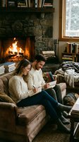 Cozy couple reading books together on leather sofa by stone fireplace in rustic living room with warm lighting and bookshelves for home lifestyle content.