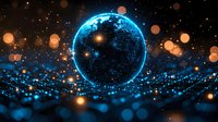 Glowing digital Earth sphere with blue particle grid and orange bokeh lights floating in dark space. Technology and global network concept.