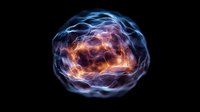 Glowing energy sphere with blue and orange light streams forming abstract plasma ball shape against black background, science visualization concept.
