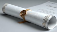 Elegant rolled diploma certificate with golden wax seal and ribbon on white background, graduation achievement document for academic success celebration.