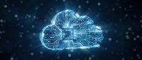 Digital cloud computing network with glowing circuit board patterns and data streams, representing secure cloud storage, data transfer, and technology infrastructure for business applications.