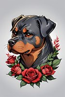 Rottweiler dog head portrait with red roses and leaves in traditional tattoo style on gray background, isolated design for prints and merchandise.