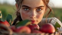 Young woman with freckles holding fresh red apples in orchard during golden hour harvest season. Natural beauty portrait for healthy lifestyle content.