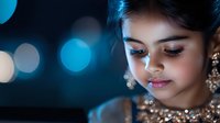 Young South Asian woman with elegant jewelry and makeup looking down peacefully against bokeh lights background for luxury fashion and beauty concepts.