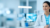 Young female doctor with stethoscope smiling confidently in modern hospital setting with blurred medical equipment background for healthcare marketing.