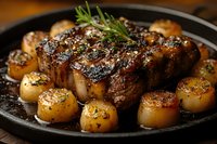 Juicy grilled beef tenderloin steak with caramelized scallops and fresh rosemary served on black cast iron pan, close up view of gourmet dinner preparation.