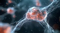 Microscopic view of neural synapse with glowing orange electrical impulses and white neuron connections on dark background showing brain activity and communication.