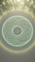 Glowing neon green geometric torus with intricate grid pattern rotating against soft blurred background with wave texture, suitable for technology and digital design projects.