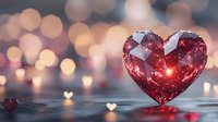 Sparkling red crystal heart on reflective surface with soft bokeh lights creating romantic atmosphere. Elegant Valentine's day or love concept background.