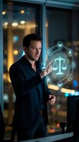 Professional lawyer using futuristic holographic interface with justice scales and legal icons in modern office environment for digital law technology.