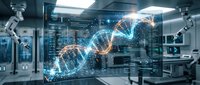 Futuristic laboratory with holographic DNA double helix projection and advanced robotic equipment for genetic research and biotechnology innovation.