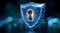 Glowing blue shield with keyhole shape emitting magical particles on dark background, representing digital security and data protection concept.