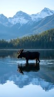 Majestic moose standing in calm mountain lake with snow-capped peaks and forest reflection creating serene wilderness landscape for outdoor adventure content.