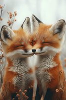 Adorable red fox cubs snuggling together with happy expressions among autumn wildflowers, soft focus nature photography with dreamy atmospheric mood.