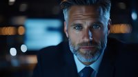 Confident mature businessman with gray beard in dark suit against blurred city lights background at night for corporate and professional marketing materials.