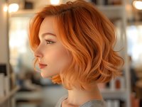 Profile view of young woman with wavy copper bob hairstyle and natural makeup against blurred salon background, wearing gray sweater. Modern beauty concept.