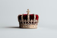 Royal crown with red velvet interior and golden metalwork adorned with diamonds and precious stones on white background, isolated luxury symbol of monarchy.