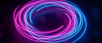 Neon glowing oval swirl with magenta and cyan light trails on dark background, suitable for tech, gaming, and digital design projects.