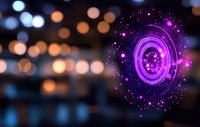 Glowing purple circular portal with magical sparkles floating against blurred bokeh background creates mystical sci-fi atmosphere for fantasy designs.