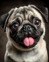Happy pug dog with tongue out and expressive brown eyes against dark background. Cute pet portrait showing joyful canine expression for animal lovers.