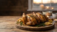 Golden roasted whole chicken with herbs and potatoes on wooden board in cozy kitchen setting for holiday dinner preparation and family meal cooking.