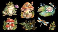 Watercolor woodland clipart set with frog, mushroom house, lily pad, dragonflies, snail, and botanicals, isolated on transparent background for stickers, T-shirts, and print on demand.