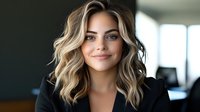 Young Caucasian businesswoman with wavy blonde highlighted hair and natural makeup smiling confidently in modern office setting, wearing black blazer, professional headshot style.
