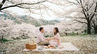 Young Asian couple enjoying romantic picnic under blooming cherry blossom trees in spring park. Man and woman sitting on blanket with basket during sakura season.