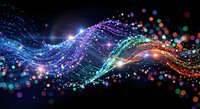 Abstract digital wave with glowing particles and bokeh lights in rainbow colors on dark background for technology and data visualization projects.