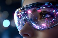 Young woman wearing futuristic smart glasses with holographic digital interface display reflecting in lenses for technology and innovation concepts.