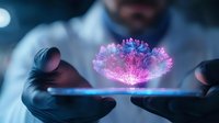 Glowing holographic flower blooming between hands in dark setting, magical pink and blue light effect creates futuristic technological atmosphere.