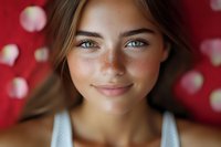 Young woman with freckles and bright blue eyes smiling at camera against red background with bokeh lights, close-up portrait showing natural beauty and genuine expression.