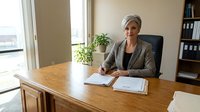 Professional mature Caucasian businesswoman with short gray hair sitting at wooden desk in modern office, reviewing documents with confident expression.