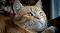 Ginger cat with bright amber eyes gazing upward in wonder against dark background, dramatic lighting highlights facial features and whiskers creating emotional pet portrait.