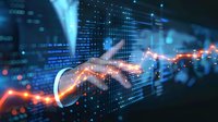Futuristic digital finance concept with glowing orange trading chart and businessman hand touching virtual data visualization, perfect for business technology backgrounds.