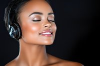 Young African American woman with glowing skin and closed eyes wearing wireless headphones, expressing joy and serenity against dark background.
