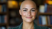 Young bald woman with confident smile in cozy library setting with warm lighting and bookshelf background for lifestyle and wellness concepts.