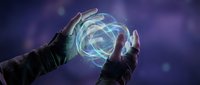 Hands holding glowing energy sphere with swirling light effects against purple background for technology and innovation concepts.