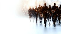 Silhouettes of military soldiers walking through smoke and sparks on white background, dramatic lighting creates atmospheric combat scene effect.