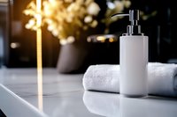 Luxury bathroom accessories with white soap dispenser and fluffy towels on marble counter creating elegant spa atmosphere for home wellness design.
