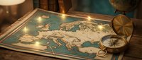 Vintage world map with antique brass compass and warm lighting creates atmospheric scene for travel adventure and exploration themes.