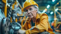 Senior female industrial worker in yellow protective uniform and hardhat inspecting machinery in manufacturing facility. Perfect for workplace diversity and aging workforce concepts.