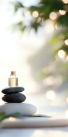 Balanced spa stones pyramid with essential oil bottle on top against soft bokeh background. Zen wellness concept for meditation and aromatherapy practices.