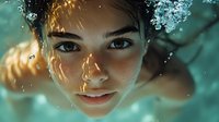 Young Asian woman underwater with sunlight streaming through, creating magical reflections and bubbles in turquoise water, close up portrait showing radiant smile.