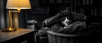 Black and white cat resting in wicker basket with cozy blanket, warm lamp lighting home interior, pet relaxation and comfort concept.