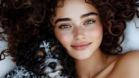 Young woman with curly hair and freckles holding small puppy close to face, creating intimate portrait of companionship and love.